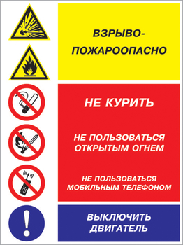 Кз 15 взрыво-пожароопасно - не курить, не пользоваться открытым огнем, не пользоваться мобильным телефоном, выключить двигатель. (пленка, 400х600 мм) - Знаки безопасности - Комбинированные знаки безопасности - . Магазин Znakstend.ru